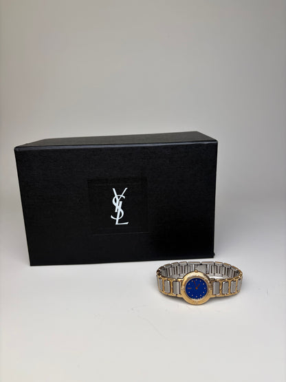 Vintage Yves Saint Laurent Bracelet Watch Blue Gold Silver