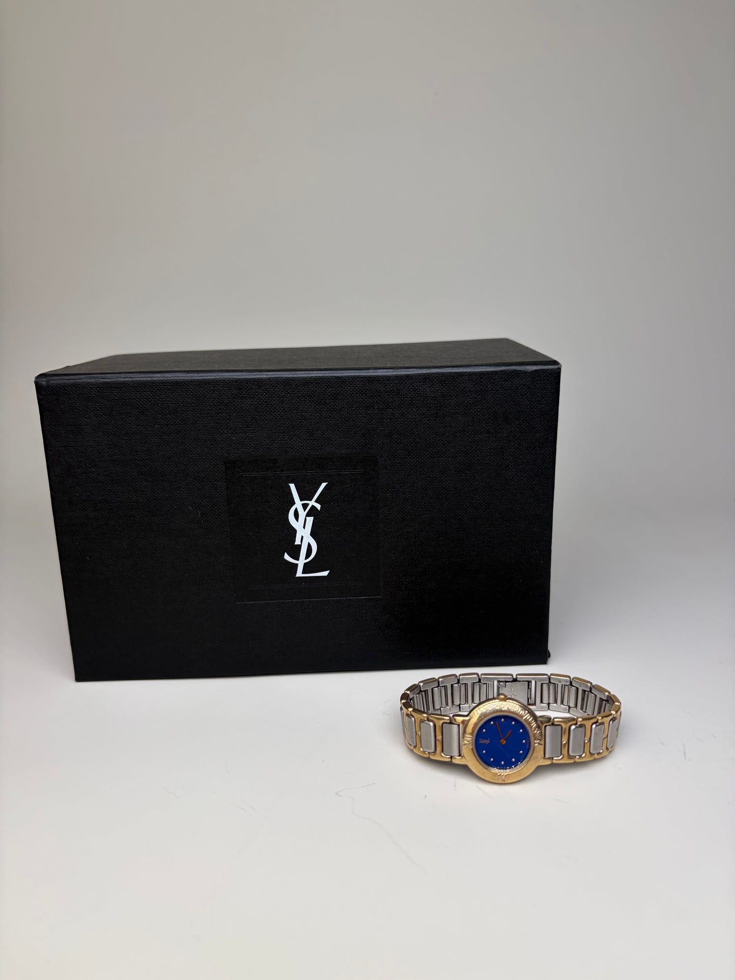 Vintage Yves Saint Laurent Bracelet Watch Blue Gold Silver