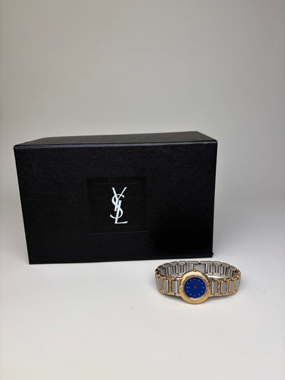 Vintage Yves Saint Laurent Bracelet Watch Blue Gold Silver