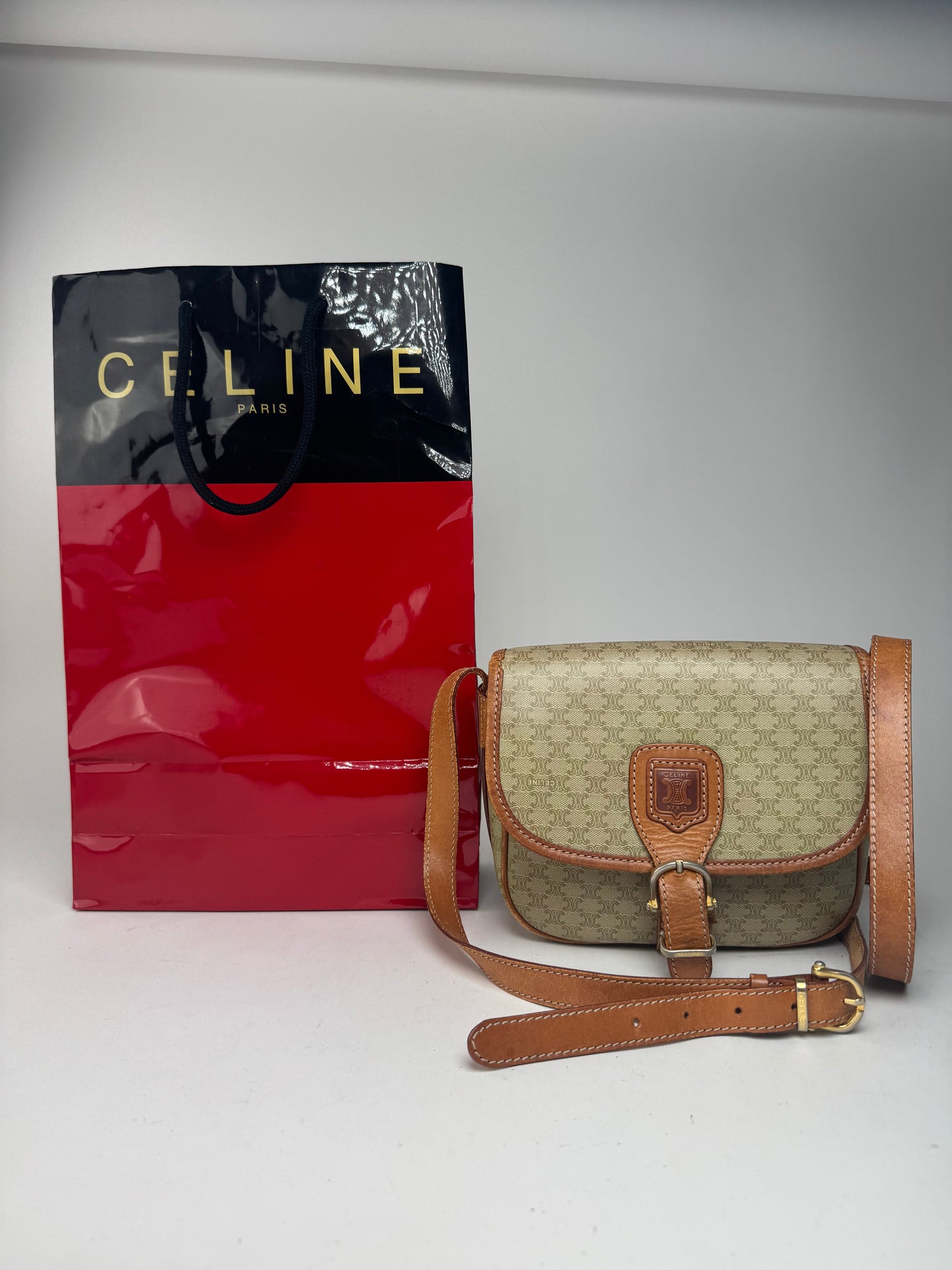 Vintage Celine Triomphe Monogram Leather bag beige brown