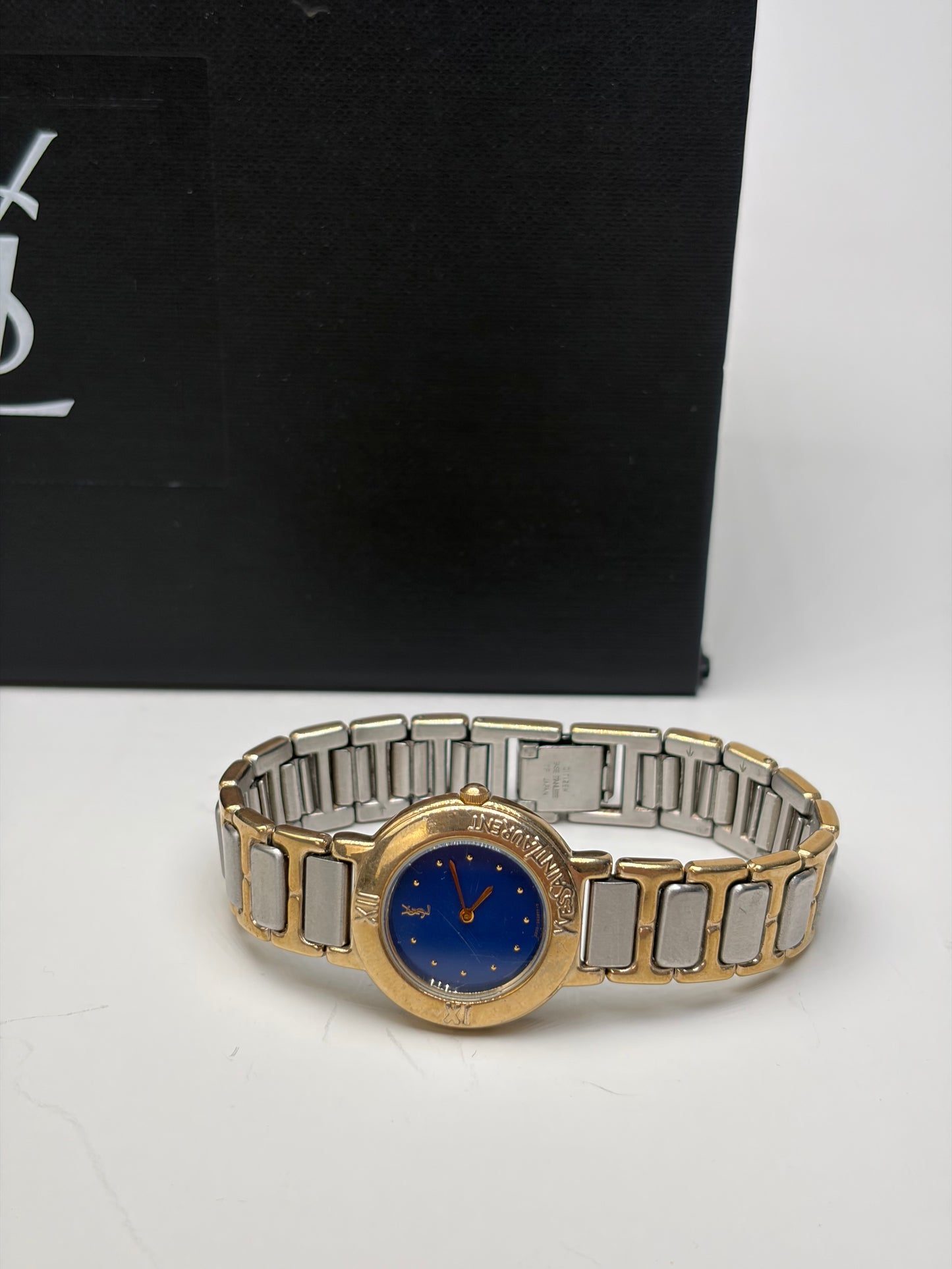 Vintage Yves Saint Laurent Bracelet Watch Blue Gold Silver