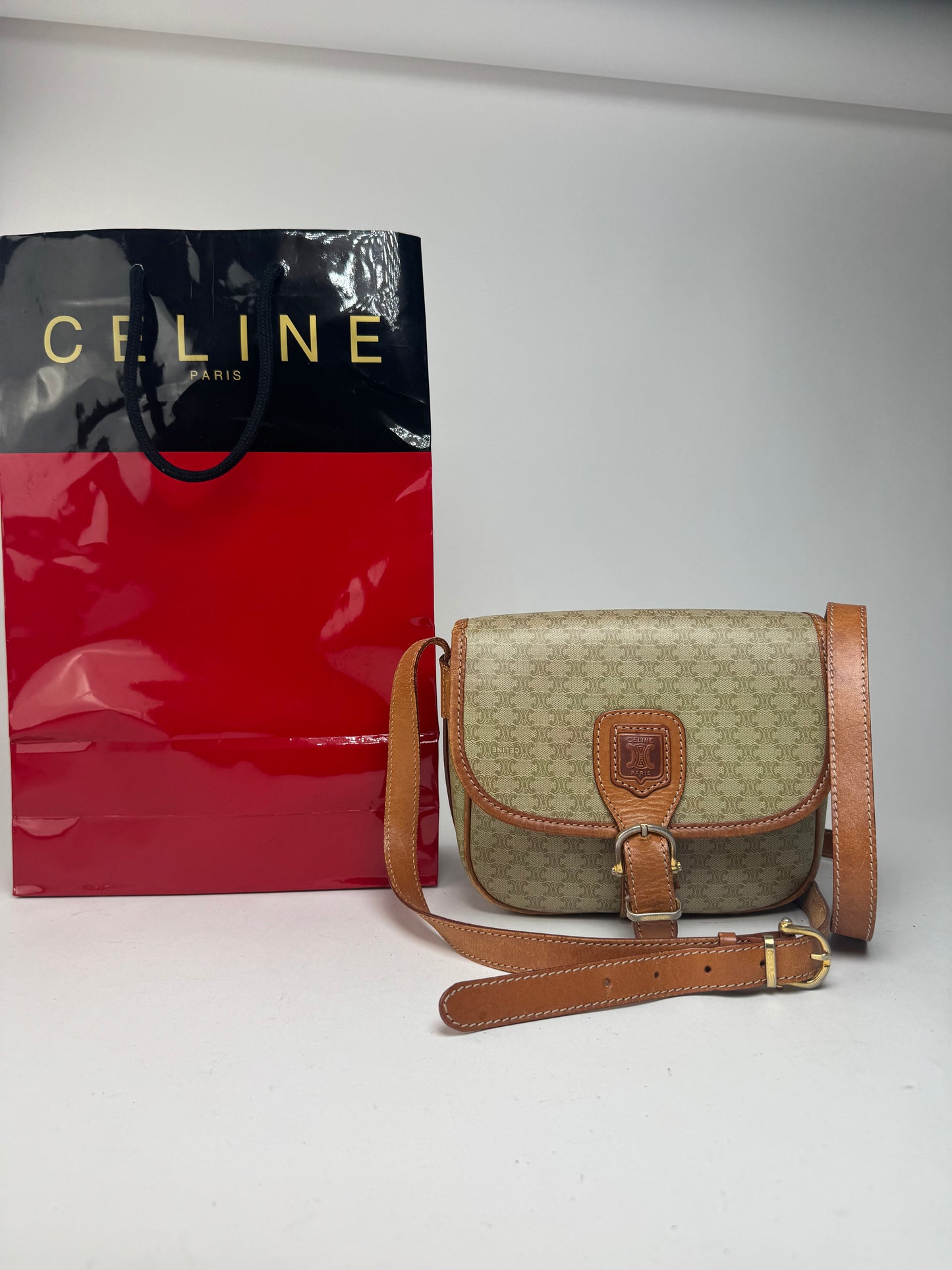 Vintage Celine Triomphe Monogram Leather bag beige brown