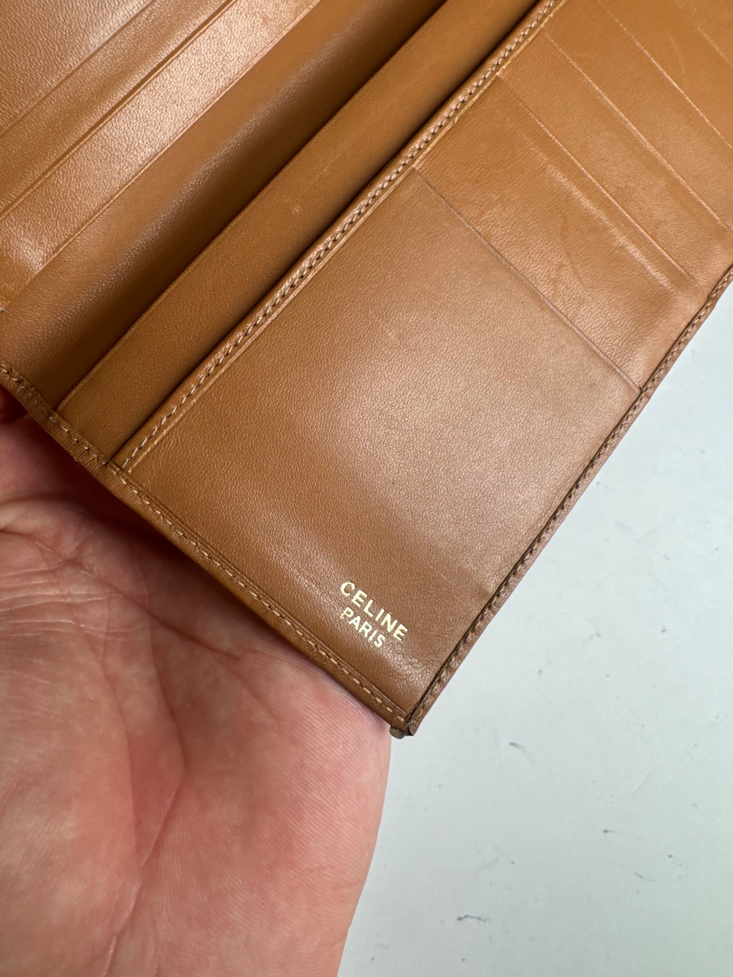 Vintage Celine Triomphe Monogram Leather Card Holder beige