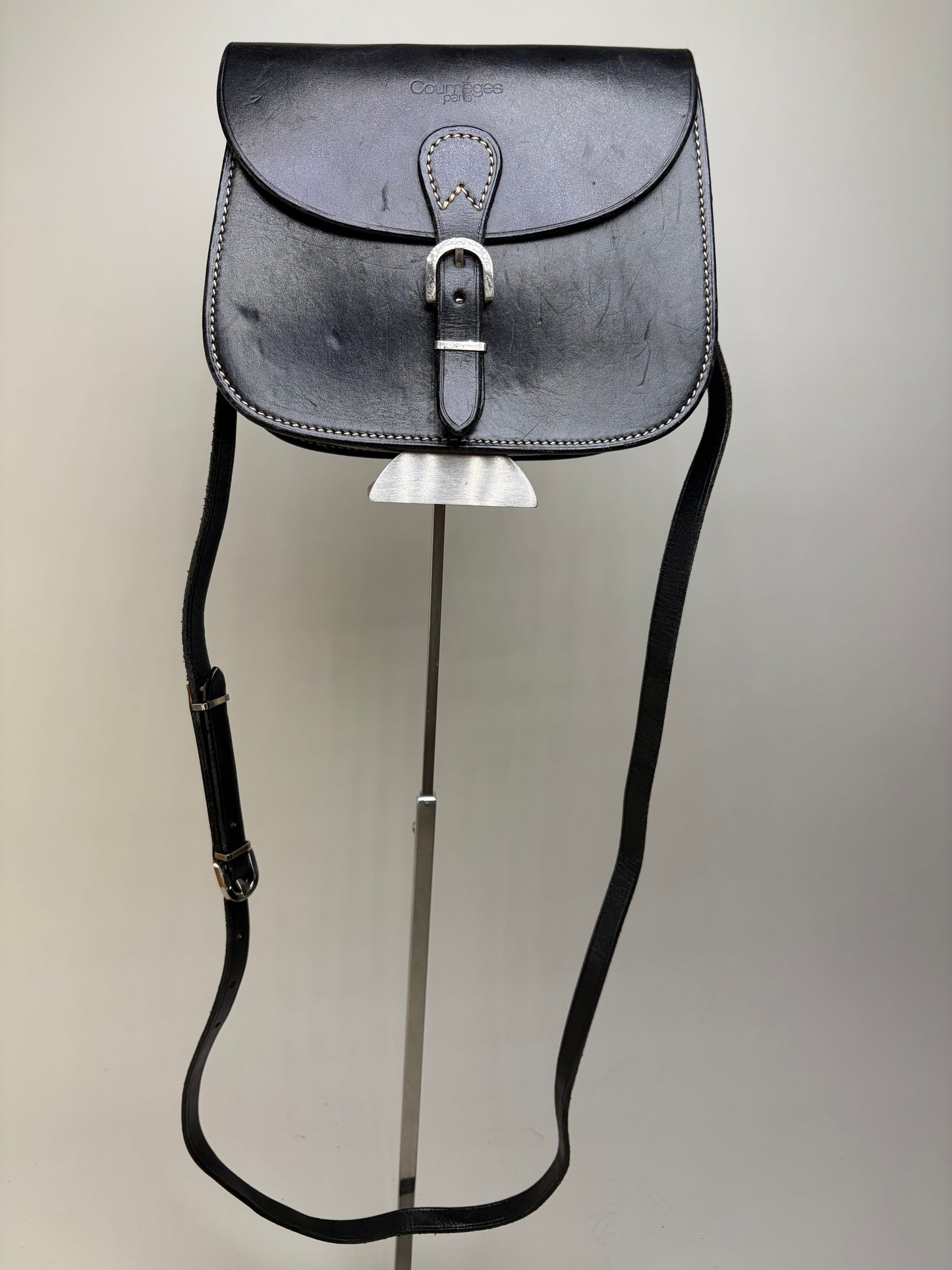 Vintage Courreges Classic Flap Crossbody Bag Black Silver