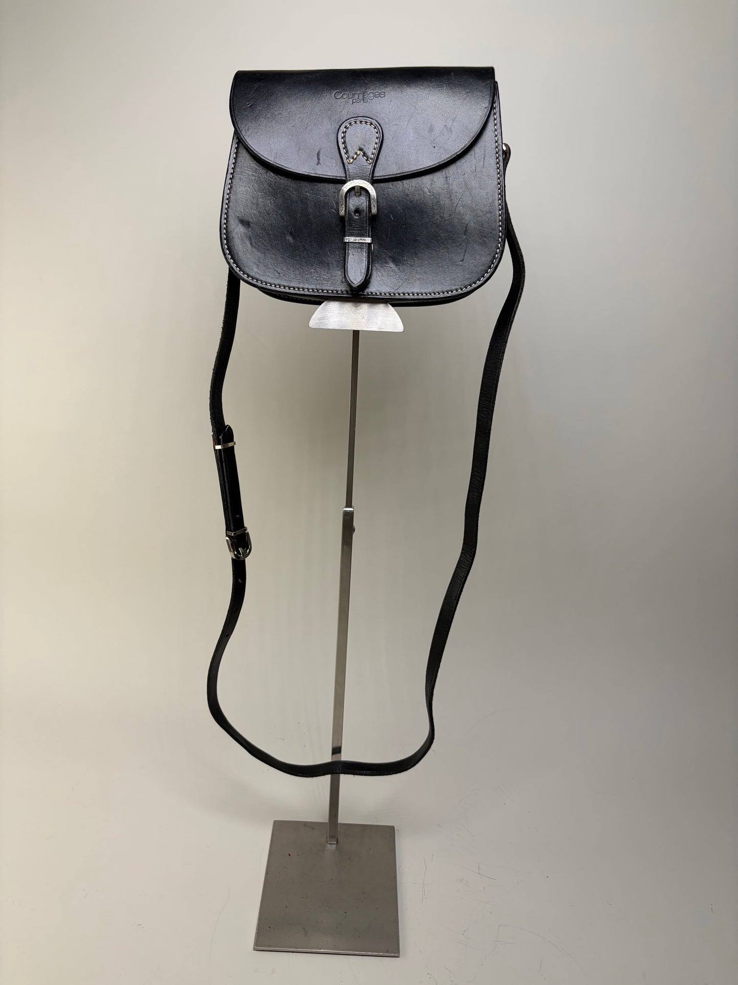 Vintage Courreges Classic Flap Crossbody Bag Black Silver
