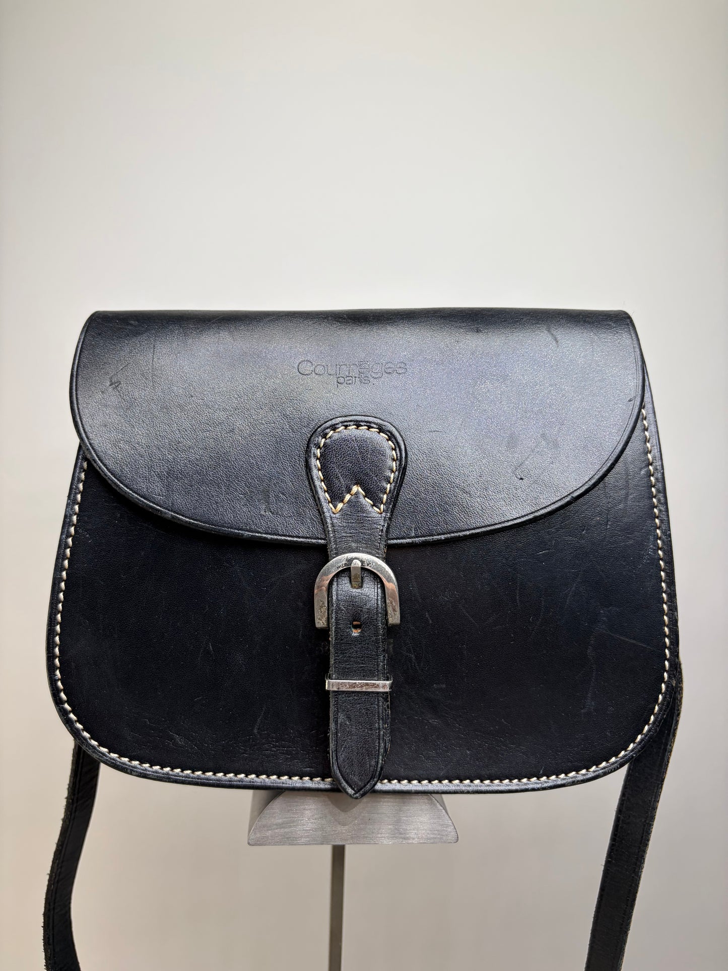 Vintage Courreges Classic Flap Crossbody Bag Black Silver