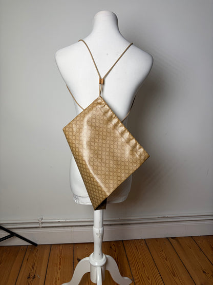 Vintage Celine Canvas Clutch Bag Gold-Tone Clasp Beige Gold