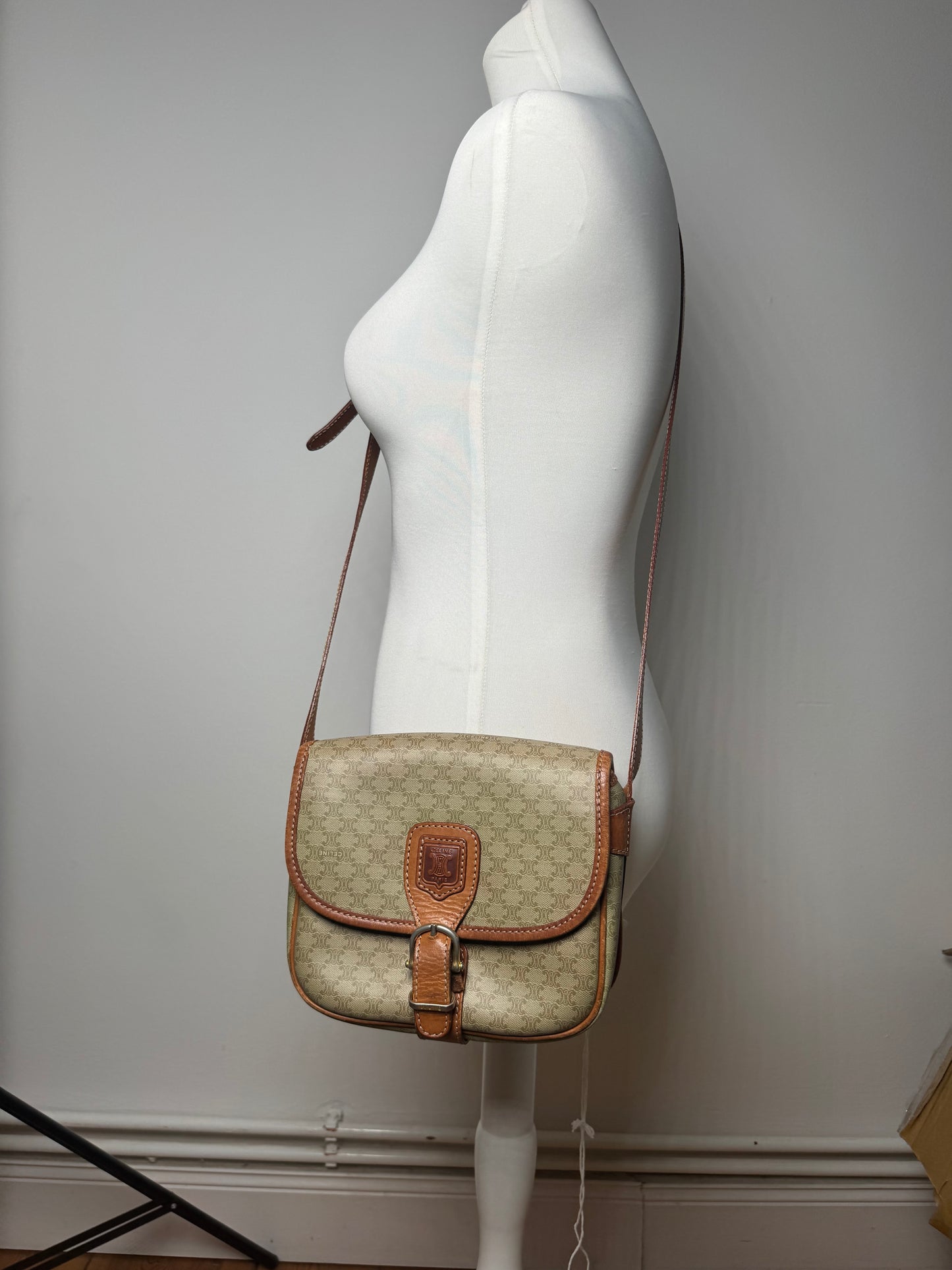 Vintage Celine Triomphe Monogram Leather bag beige brown