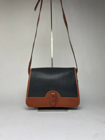 Vintage Courrèges Pebbled Leather Flap Crossbody Bag Late 1970s Black Brown