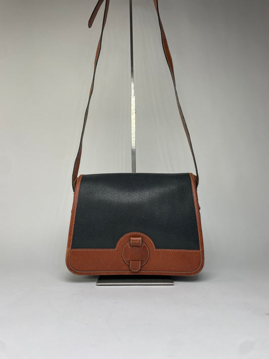 Vintage Courrèges Pebbled Leather Flap Crossbody Bag Late 1970s Black Brown