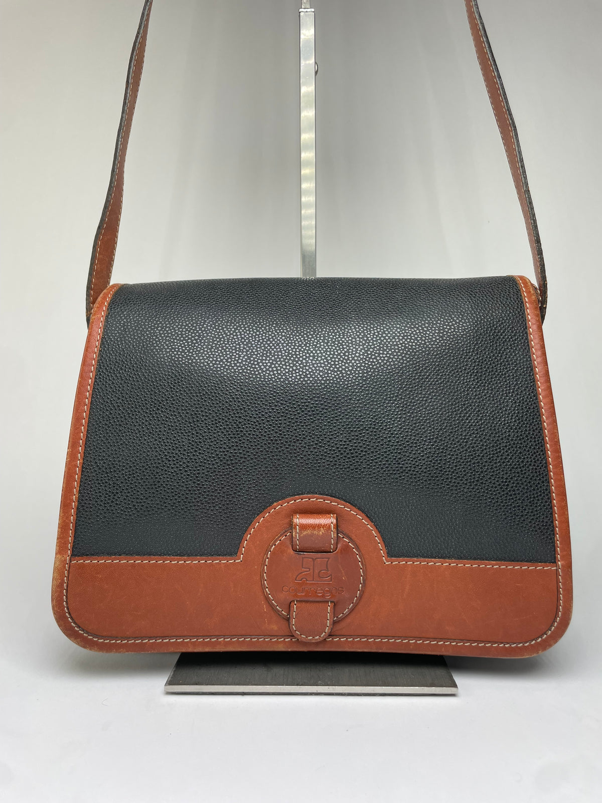 Vintage Courrèges Pebbled Leather Flap Crossbody Bag Late 1970s Black Brown