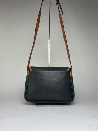 Vintage Courrèges Pebbled Leather Flap Crossbody Bag Late 1970s Black Brown