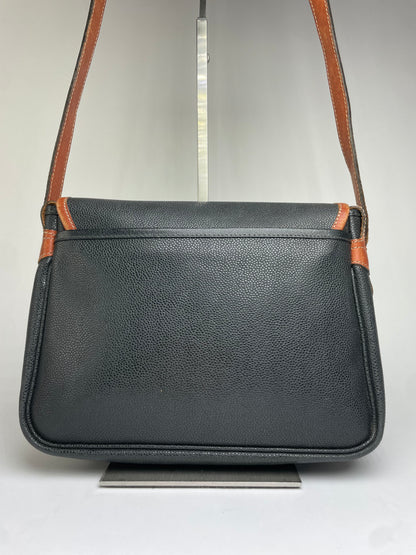 Vintage Courrèges Pebbled Leather Flap Crossbody Bag Late 1970s Black Brown