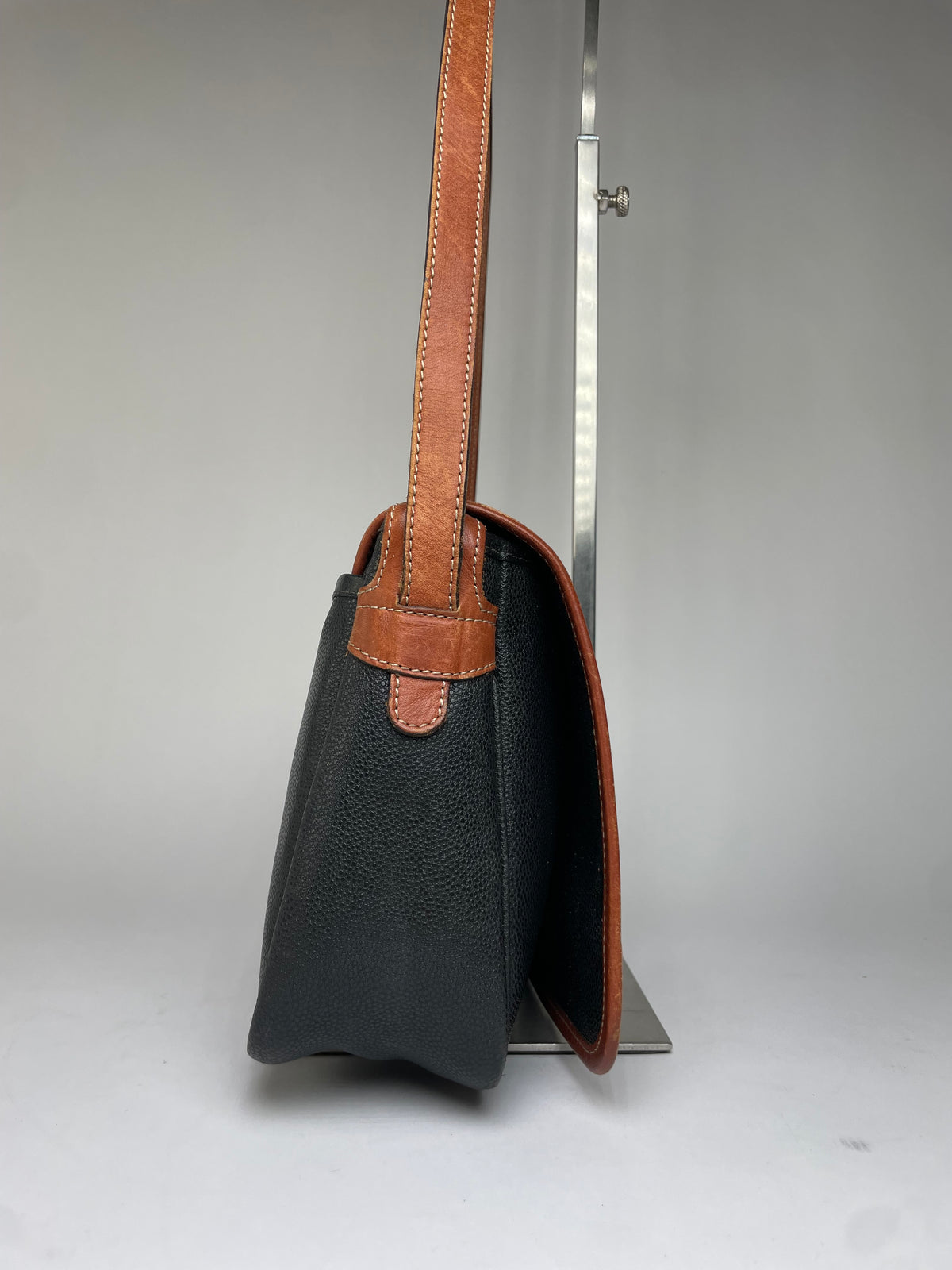 Vintage Courrèges Pebbled Leather Flap Crossbody Bag Late 1970s Black Brown