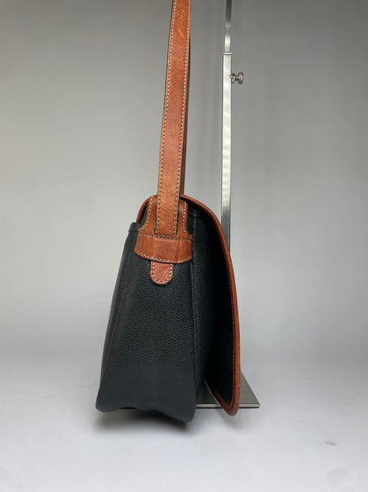 Vintage Courrèges Pebbled Leather Flap Crossbody Bag Late 1970s Black Brown