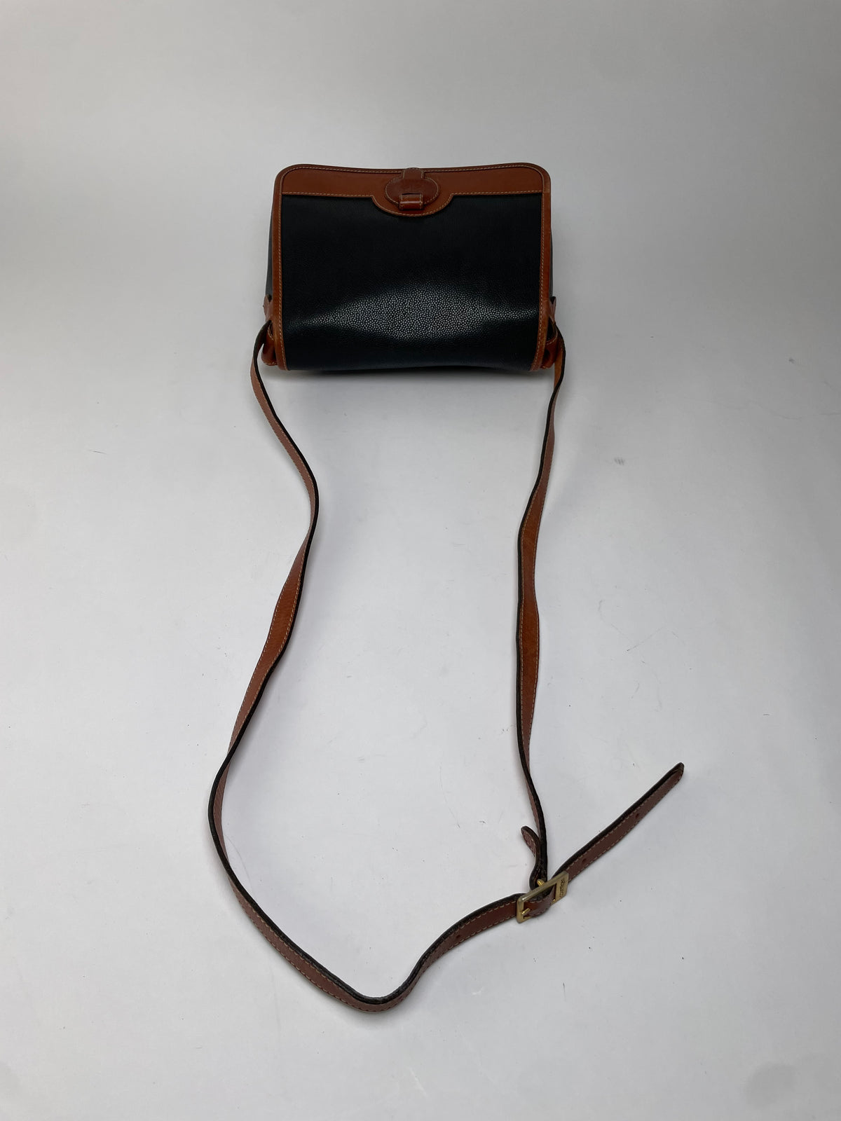 Vintage Courrèges Pebbled Leather Flap Crossbody Bag Late 1970s Black Brown