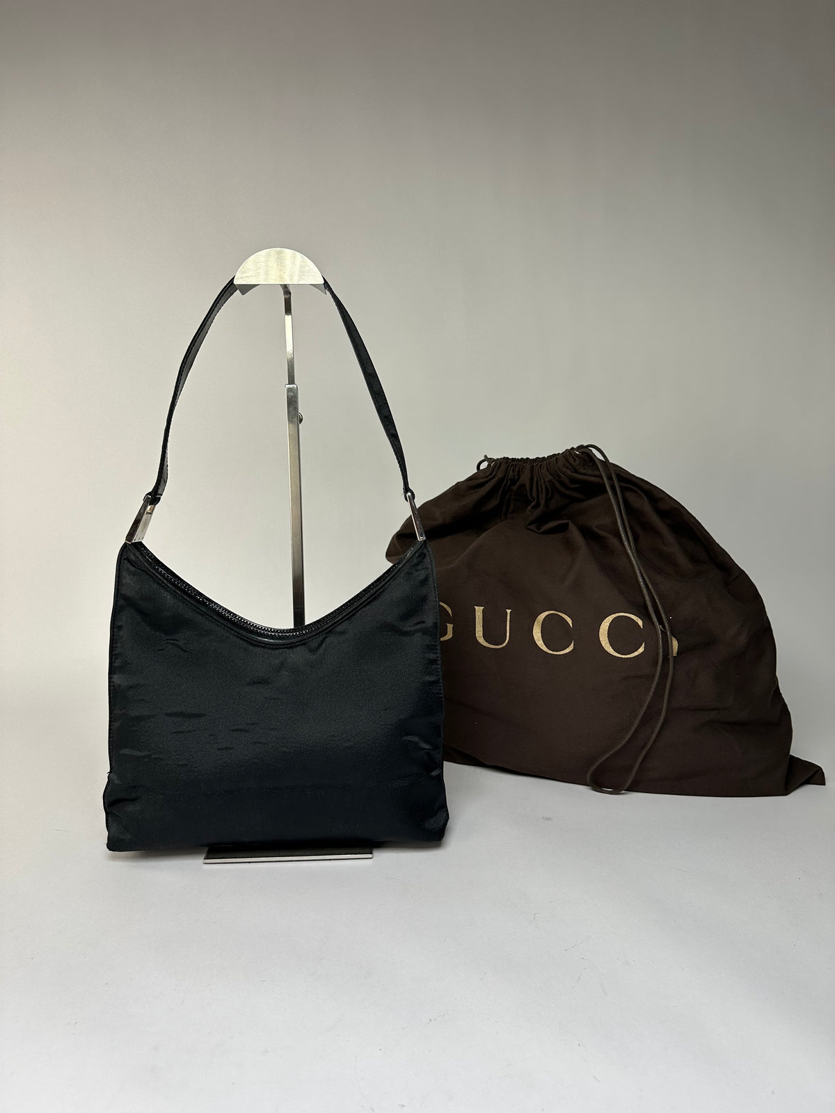 Vintage Gucci Nylon Hobo Bag Black Silver