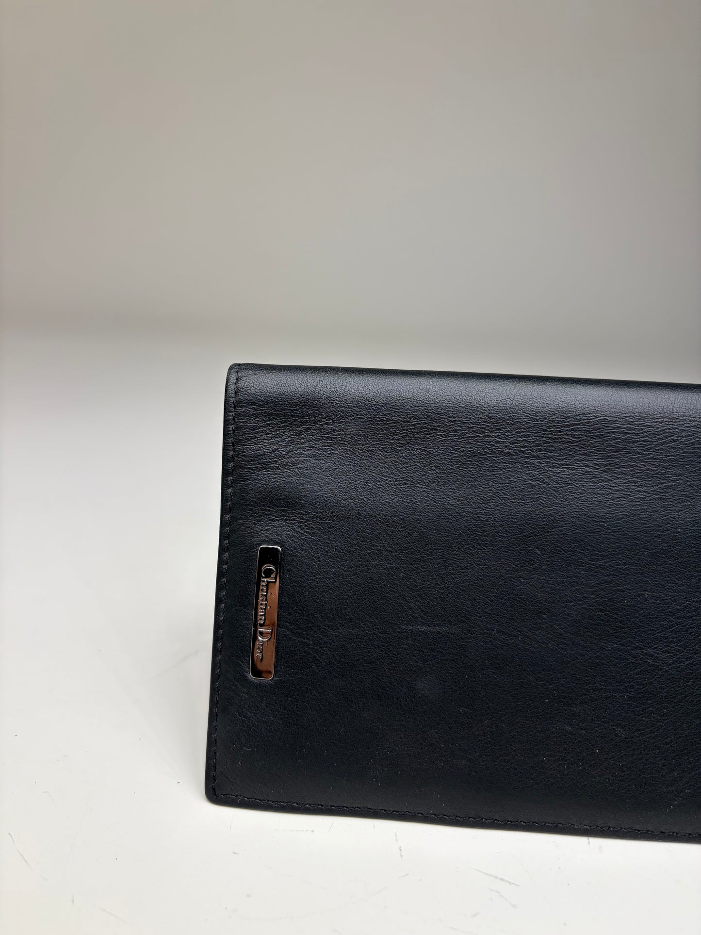 Vintage Dior Smooth Leather Bifold Wallet Black Silver