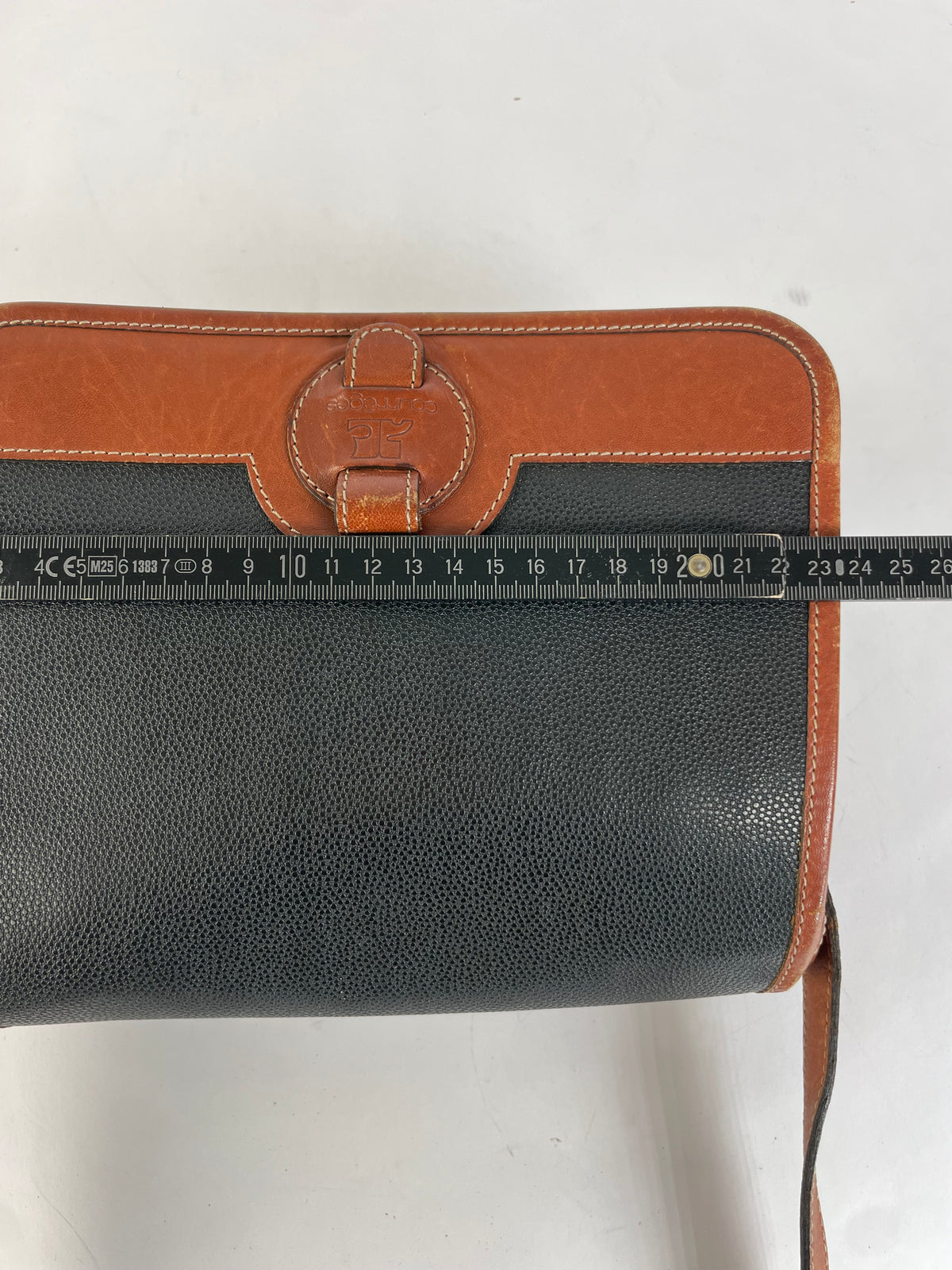 Vintage Courrèges Pebbled Leather Flap Crossbody Bag Late 1970s Black Brown