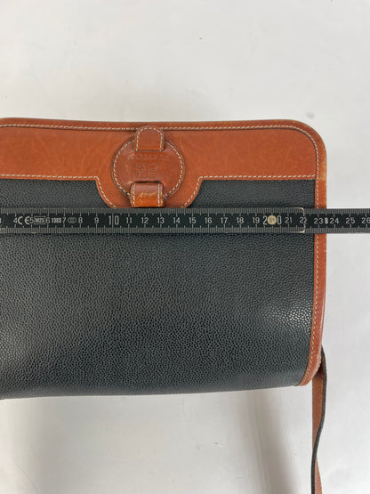 Vintage Courrèges Pebbled Leather Flap Crossbody Bag Late 1970s Black Brown