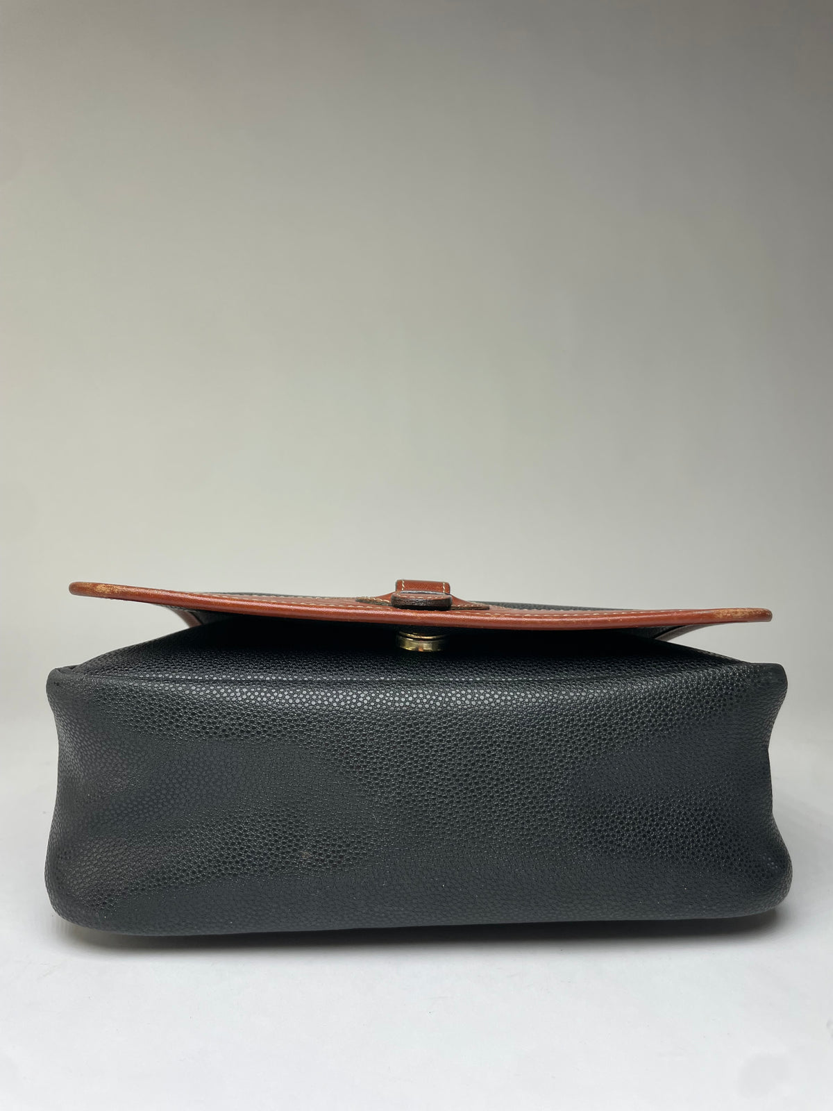 Vintage Courrèges Pebbled Leather Flap Crossbody Bag Late 1970s Black Brown