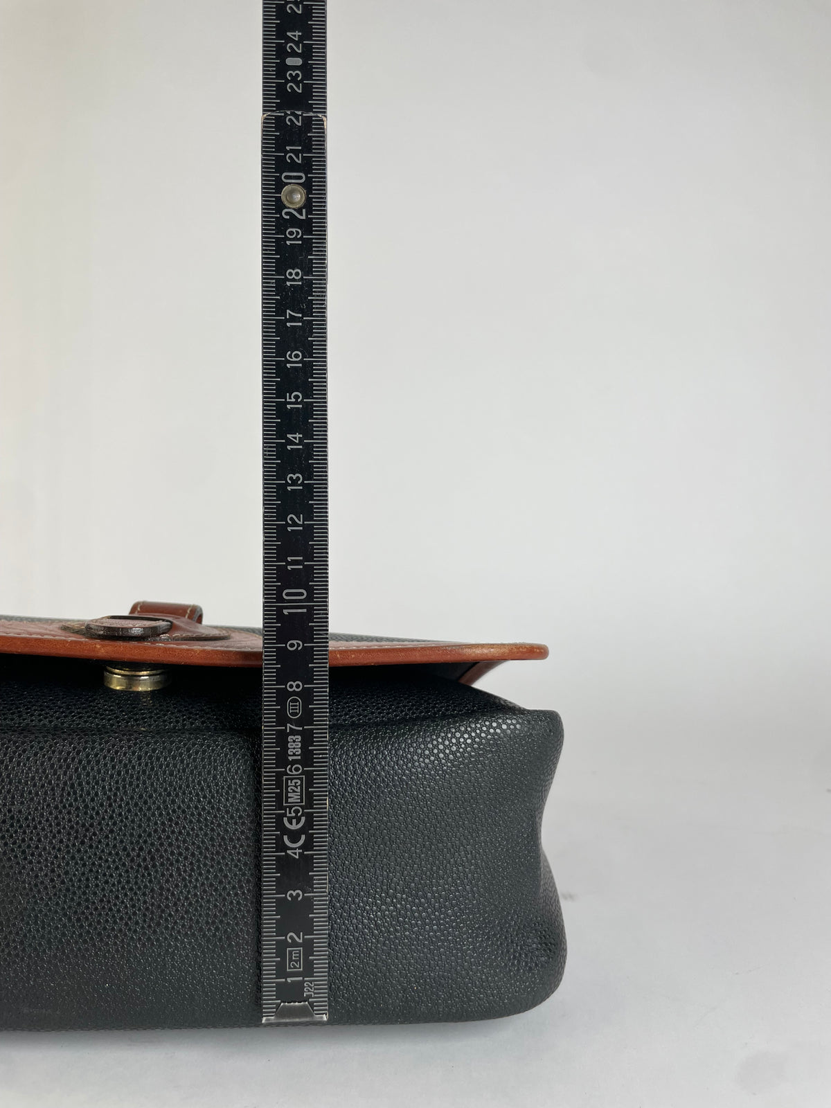 Vintage Courrèges Pebbled Leather Flap Crossbody Bag Late 1970s Black Brown