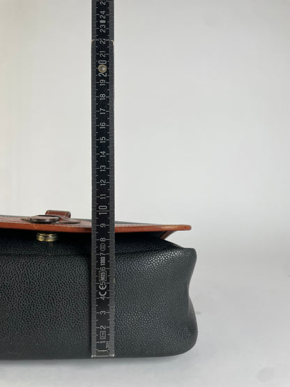 Vintage Courrèges Pebbled Leather Flap Crossbody Bag Late 1970s Black Brown