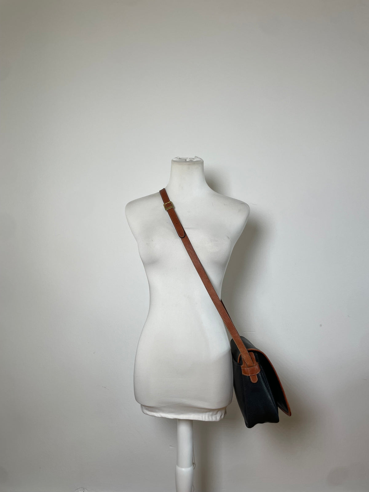 Vintage Courrèges Pebbled Leather Flap Crossbody Bag Late 1970s Black Brown