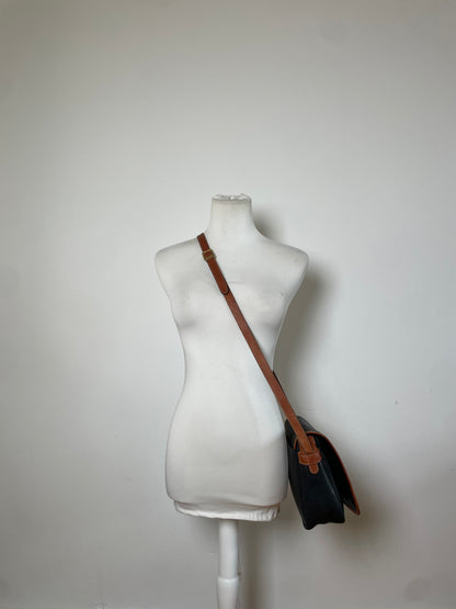 Vintage Courrèges Pebbled Leather Flap Crossbody Bag Late 1970s Black Brown
