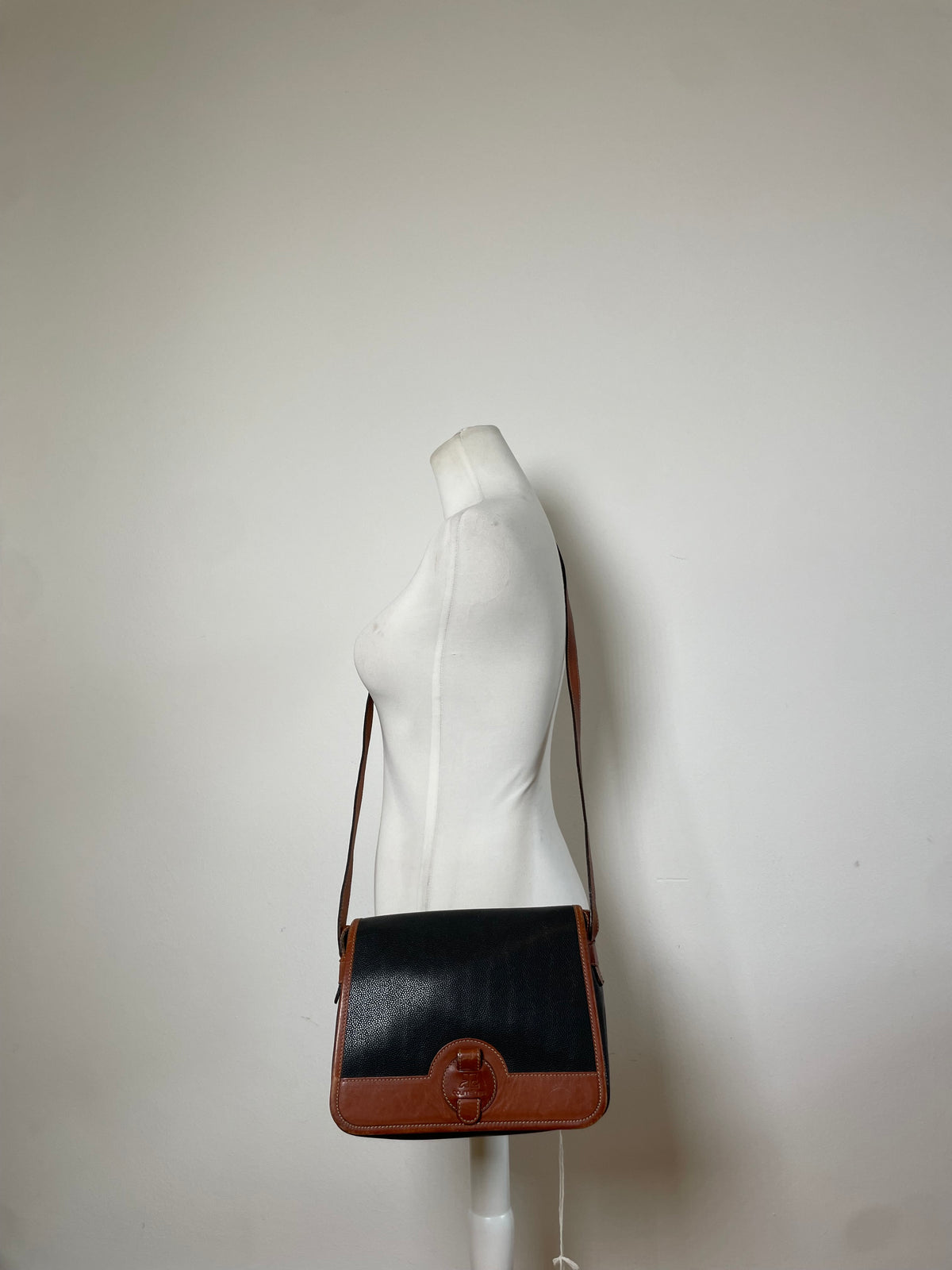 Vintage Courrèges Pebbled Leather Flap Crossbody Bag Late 1970s Black Brown