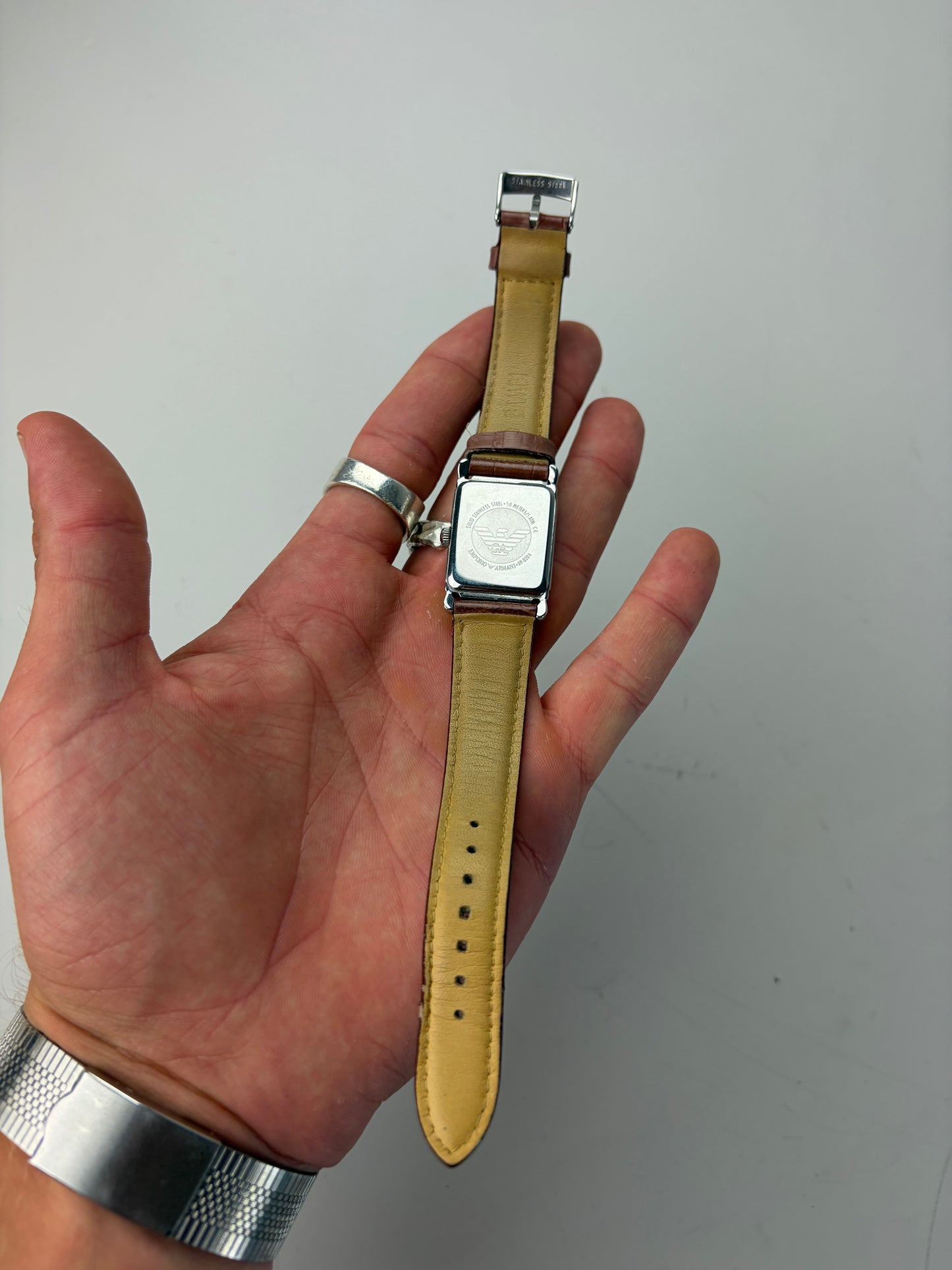 Vintage Emporio Armani Stainless Steel Leather Strap Watch Brown Beige