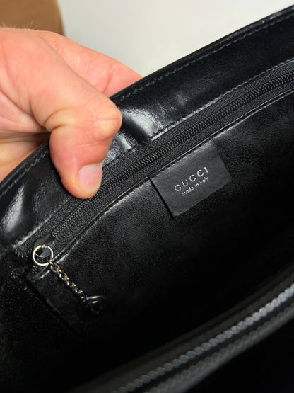 Vintage Gucci Smooth Leather Top-Handle Bag Black Silver