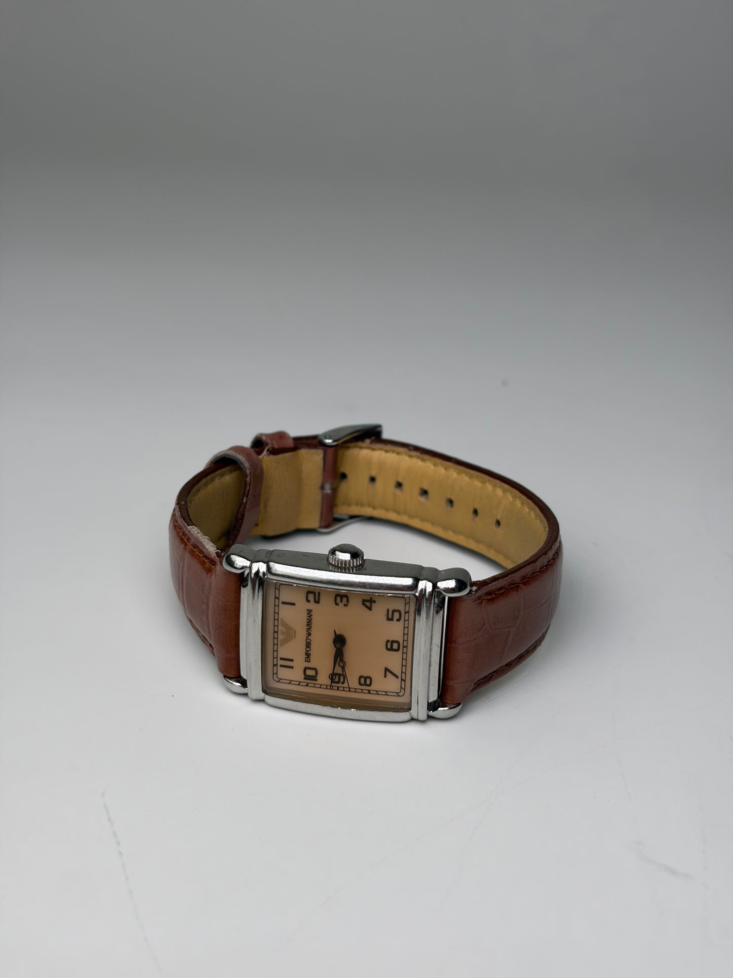 Vintage Emporio Armani Stainless Steel Leather Strap Watch Brown Beige