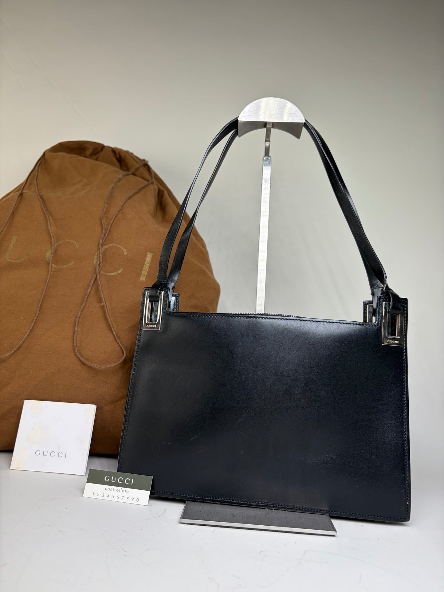 Vintage Gucci Smooth Leather Top-Handle Bag Black Silver