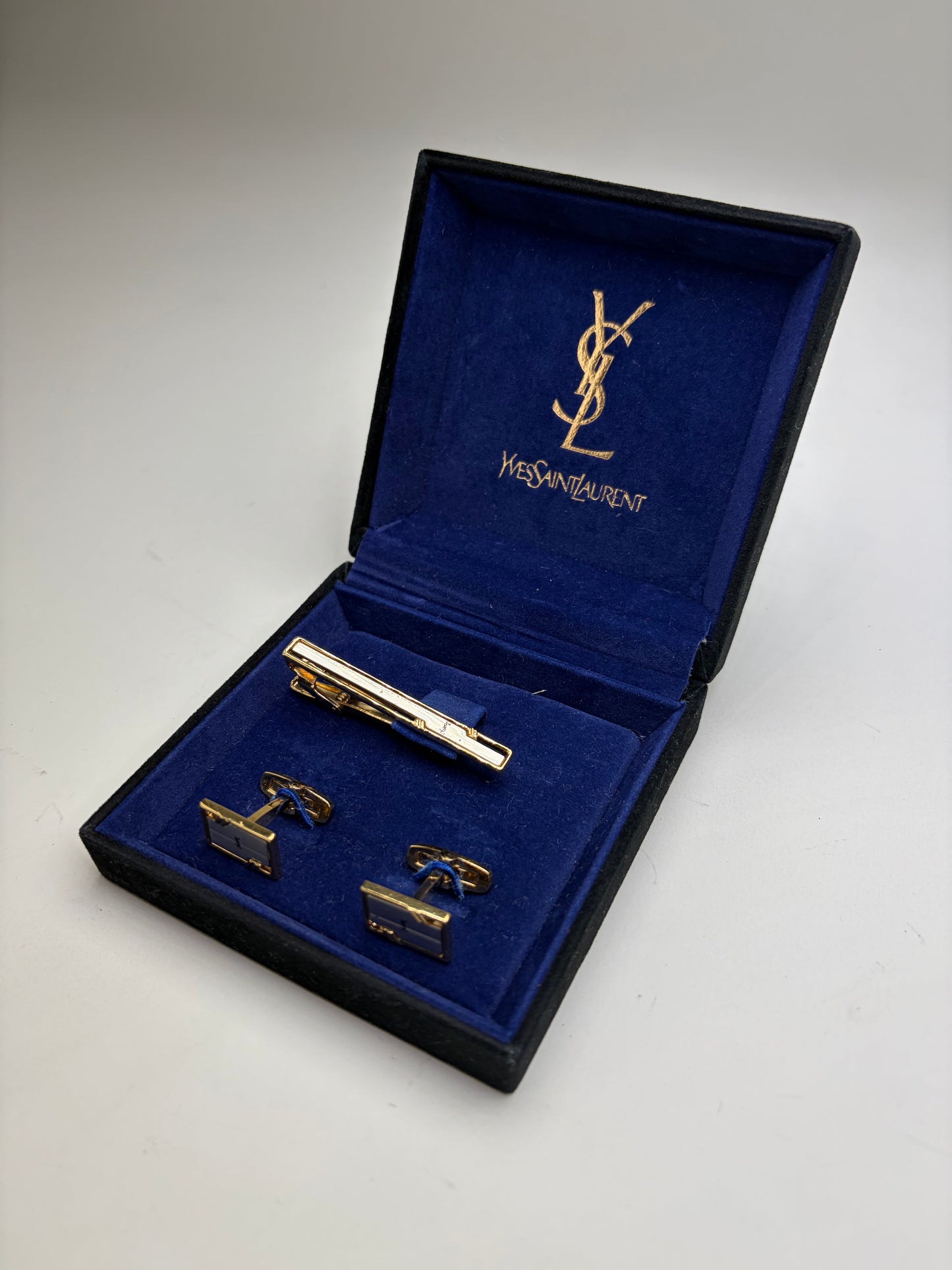 Vintage Yves Saint Laurent Tie Clip and Cufflinks Set Gold-tone Boxed