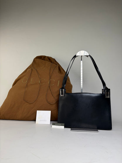 Vintage Gucci Smooth Leather Top-Handle Bag Black Silver