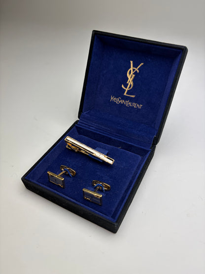 Vintage Yves Saint Laurent Tie Clip and Cufflinks Set Gold-tone Boxed