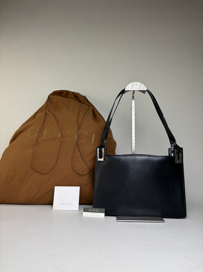 Vintage Gucci Smooth Leather Top-Handle Bag Black Silver