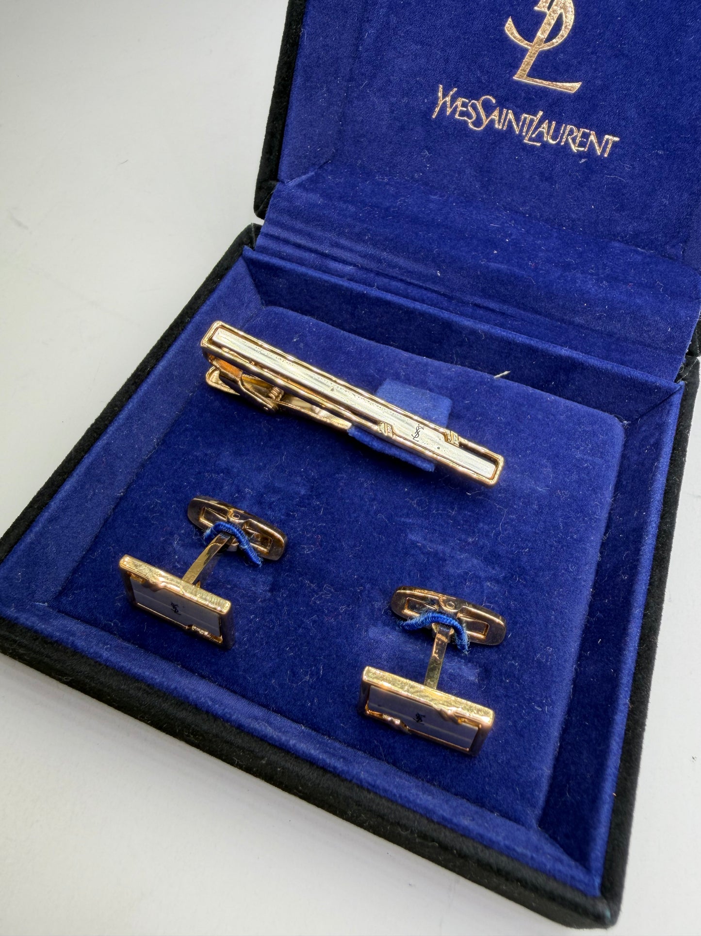 Vintage Yves Saint Laurent Tie Clip and Cufflinks Set Gold-tone Boxed