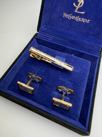 Vintage Yves Saint Laurent Tie Clip and Cufflinks Set Gold-tone Boxed