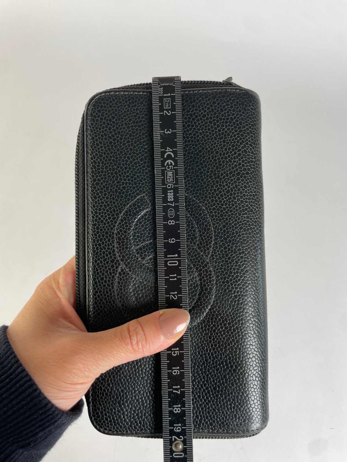 Vintage Chanel Pebbled Leather Zip Wallet Black Silver