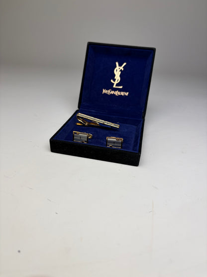 Vintage Yves Saint Laurent Tie Clip and Cufflinks Set Gold-tone Boxed