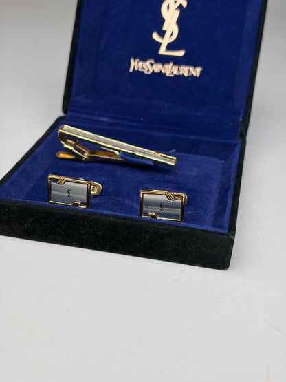 Vintage Yves Saint Laurent Tie Clip and Cufflinks Set Gold-tone Boxed