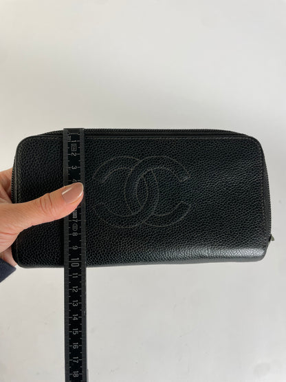 Vintage Chanel Pebbled Leather Zip Wallet Black Silver
