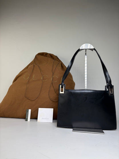 Vintage Gucci Smooth Leather Top-Handle Bag Black Silver
