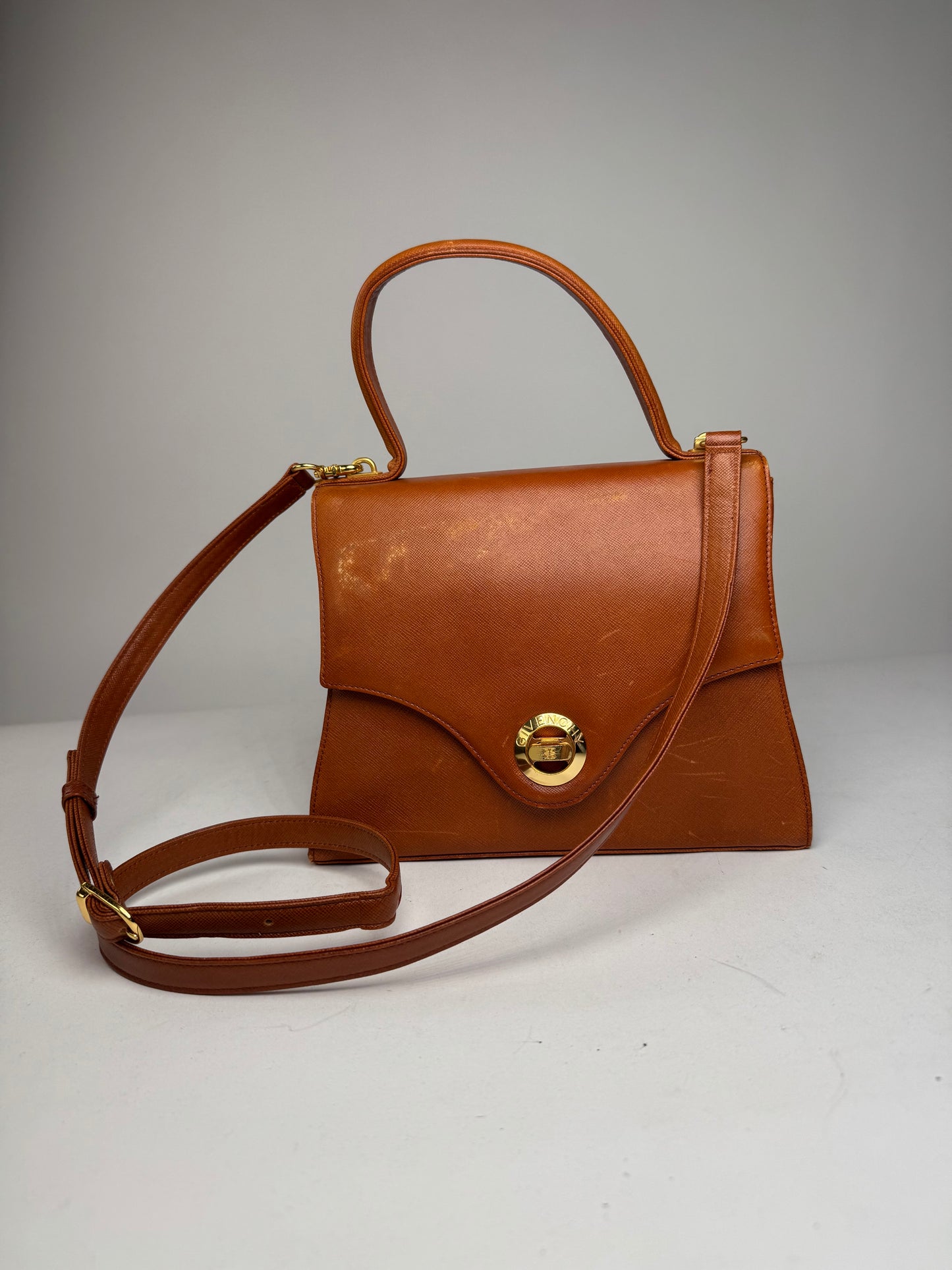 Vintage Givenchy 2Way Leather Handbag Orange Brown