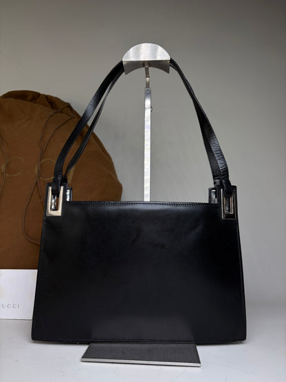 Vintage Gucci Smooth Leather Top-Handle Bag Black Silver