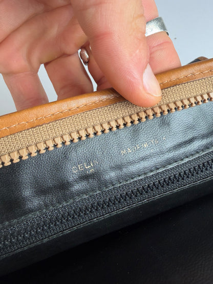 Vintage Celine Leather Clutch Wallet c. Late 1980s Black Tan