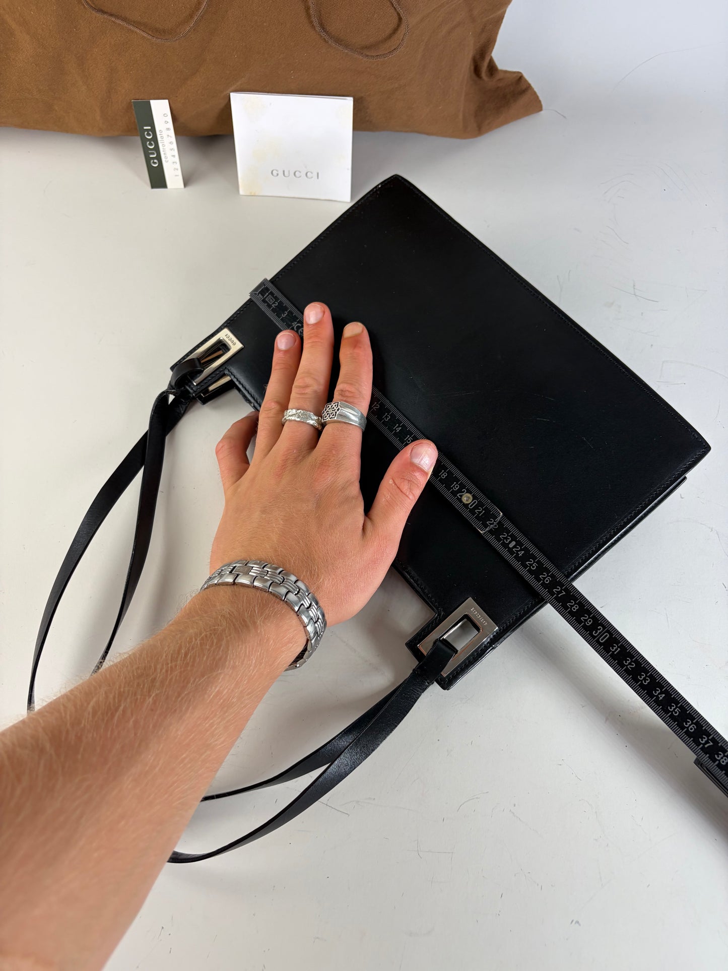 Vintage Gucci Smooth Leather Top-Handle Bag Black Silver