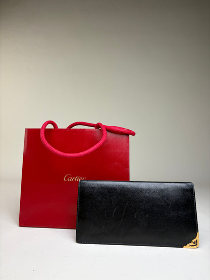 Vintage Cartier Smooth Leather Bifold Wallet Black Gold